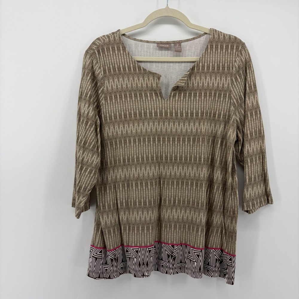 Chico's Womens Size L Multicolor Geometric Ikat Split Neck‎ 3/4 Sleeve Tunic Top
